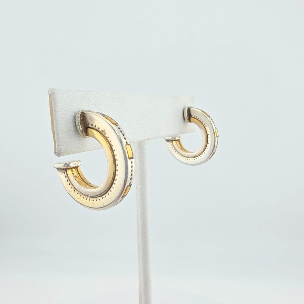 BRIGHTON ¾ Hoop Earrings Geometric Etched Dotted Border Silver & Gold Plate 1"